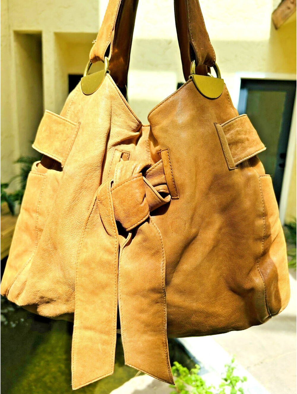 Kooba Slouchy Soft Leather Purse Thick Bow Camel  Y2K Boho Bag Purse Designer